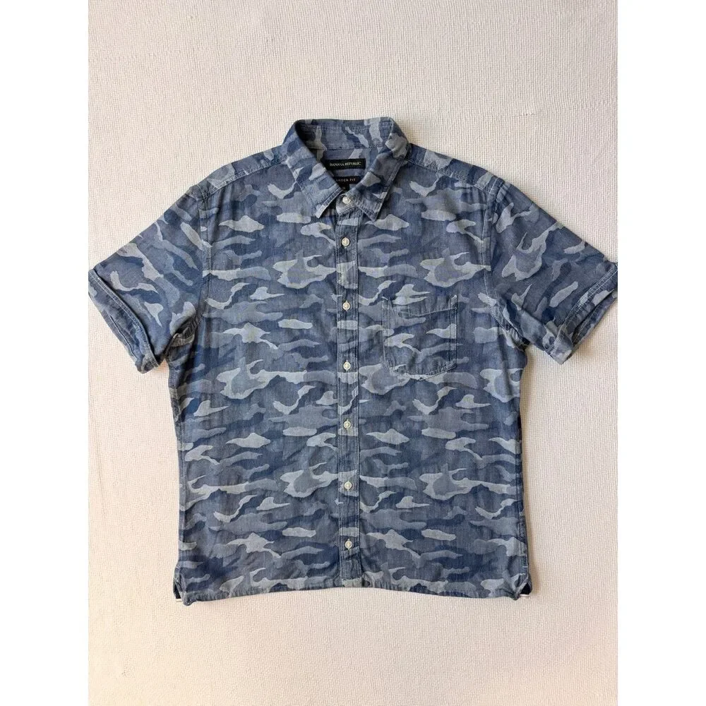 Banana Republic Camden Fit Men's Medium Blue Camo Button Shirt Cotton